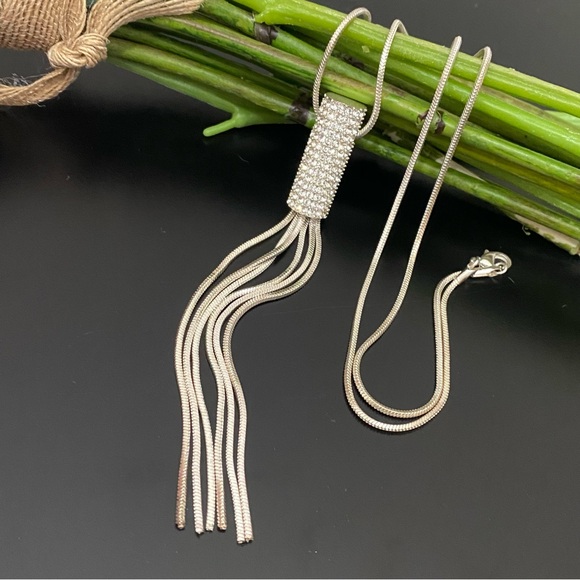 Silver-tone Rhinestones Tassel Chain 28” Long Necklace 33g - Picture 1 of 14